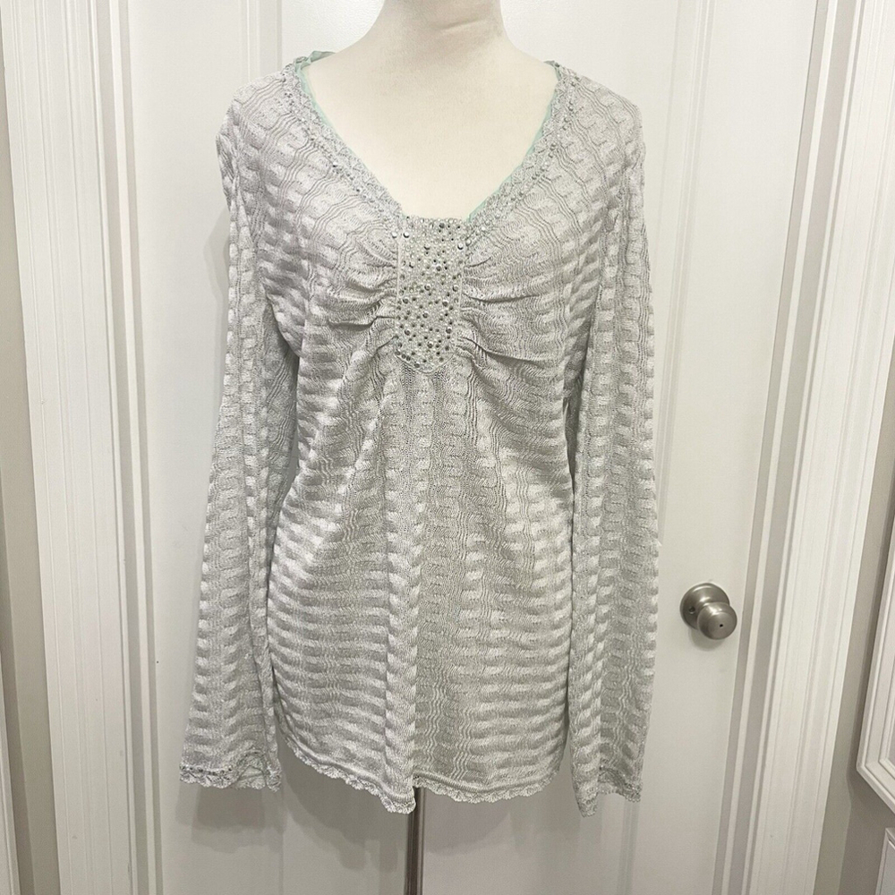 St. John Couture Beaded Tunic‎ Top in Silver Glitter Knit sz L SPARKLE Elegant